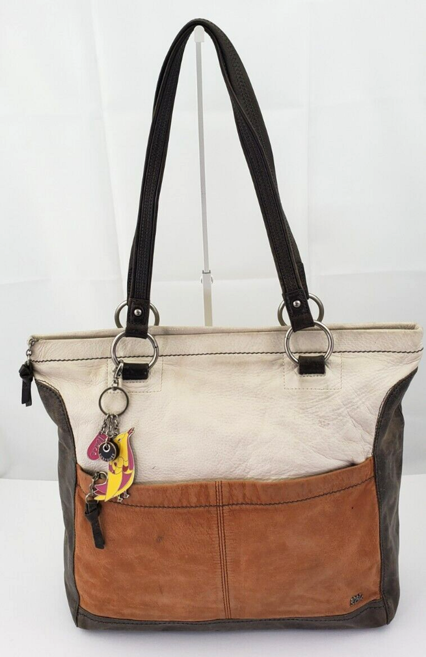 The Sak Iris Tote Brown/Off-White Pebbled Leather Large Used Distressed Bird
